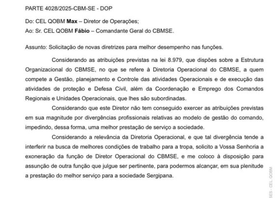 CORONEL DIRETOR DE OPERAÇÕES DO CBM ENTREGA O CARGO, ALEGANDO NÃO ESTAR CONSEGUINDO EXERCER AS ATRIBUIÇÕES – FaxAju