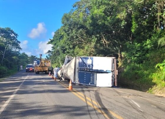 Carreta que transportava estruturas metálicas tomba na BR-101 – FaxAju