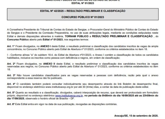 MPC-SE divulga resultado preliminar do concurso para subprocurador – FaxAju