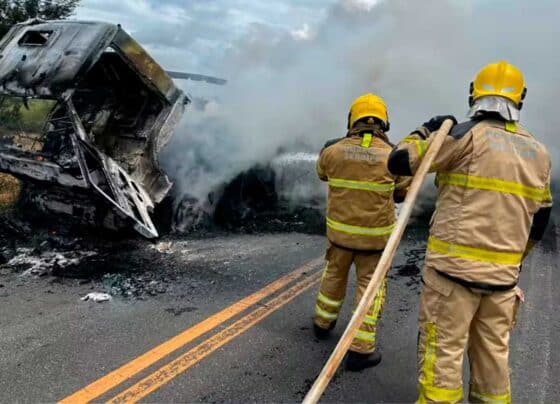 Caminhão carregado com pneus pega fogo na rodovia entre Riachão e Tobias Barreto