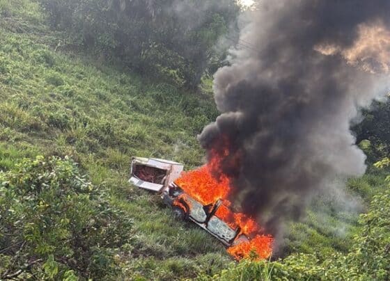 Veículo com câmara fria sai da pista, cai em ribanceira e pega fogo em Itaporanga
