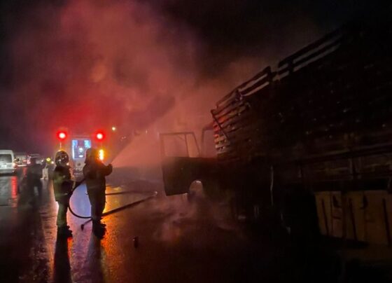 Bombeiros combatem incêndio em caminhão na BR-101, em Maruim