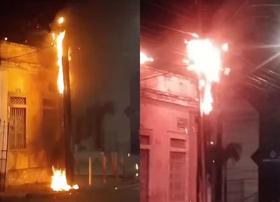 Poste de energia elétrica pega fogo no Bairro São José, em Aracaju