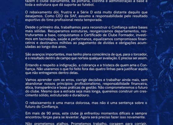 CEO Diogo Lemos, através de suas redes sociais, se pronunciou sobre o final da temporada do Confiança.