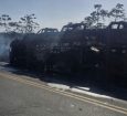 Bombeiros combatem incêndio em caminhão cegonha na BR-101